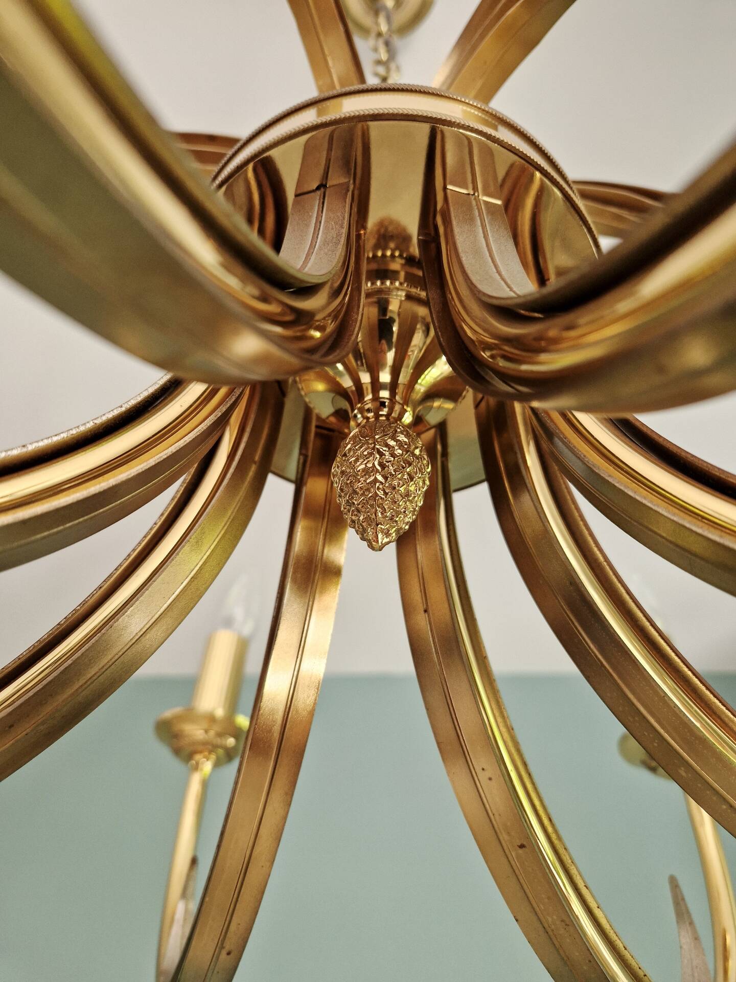 Brass chandelier, pineapple leaf decoration, Boulanger, 1970
