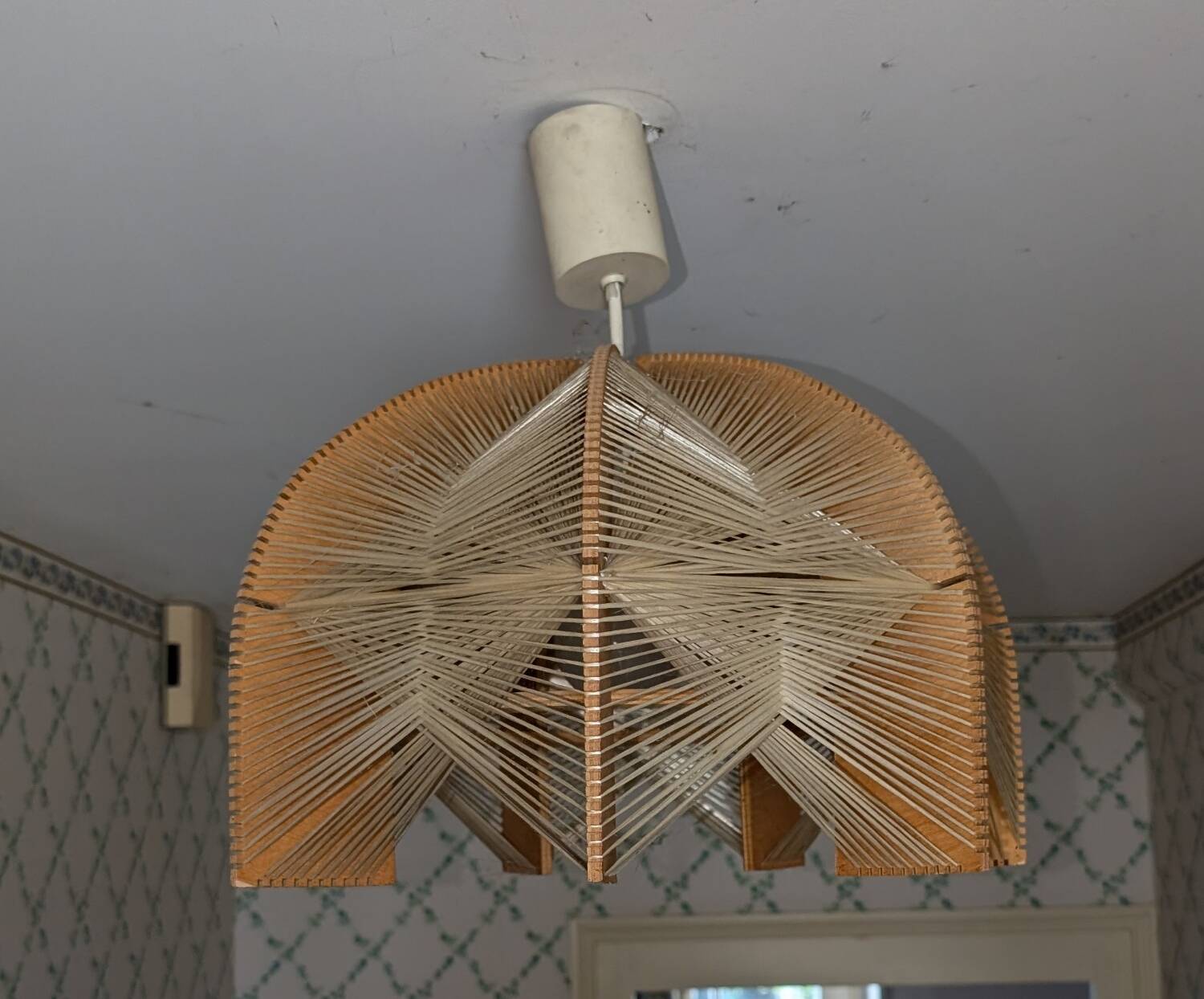 Vintage Scandinavian wood and raffia pendant chandelier