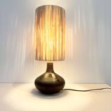 Vintage designer lamp base in brown pyrite stoneware with raffia lampshade, 1970s
