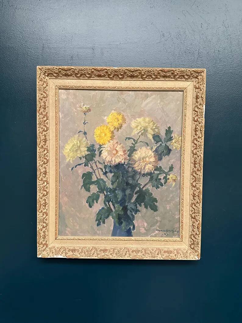 Original Swedish Oil on Panel – “Chrysanthemums” by Max Hellberg – Signed – Vintage & Framed – 68 × 58 cm (26.8" × 22.8")