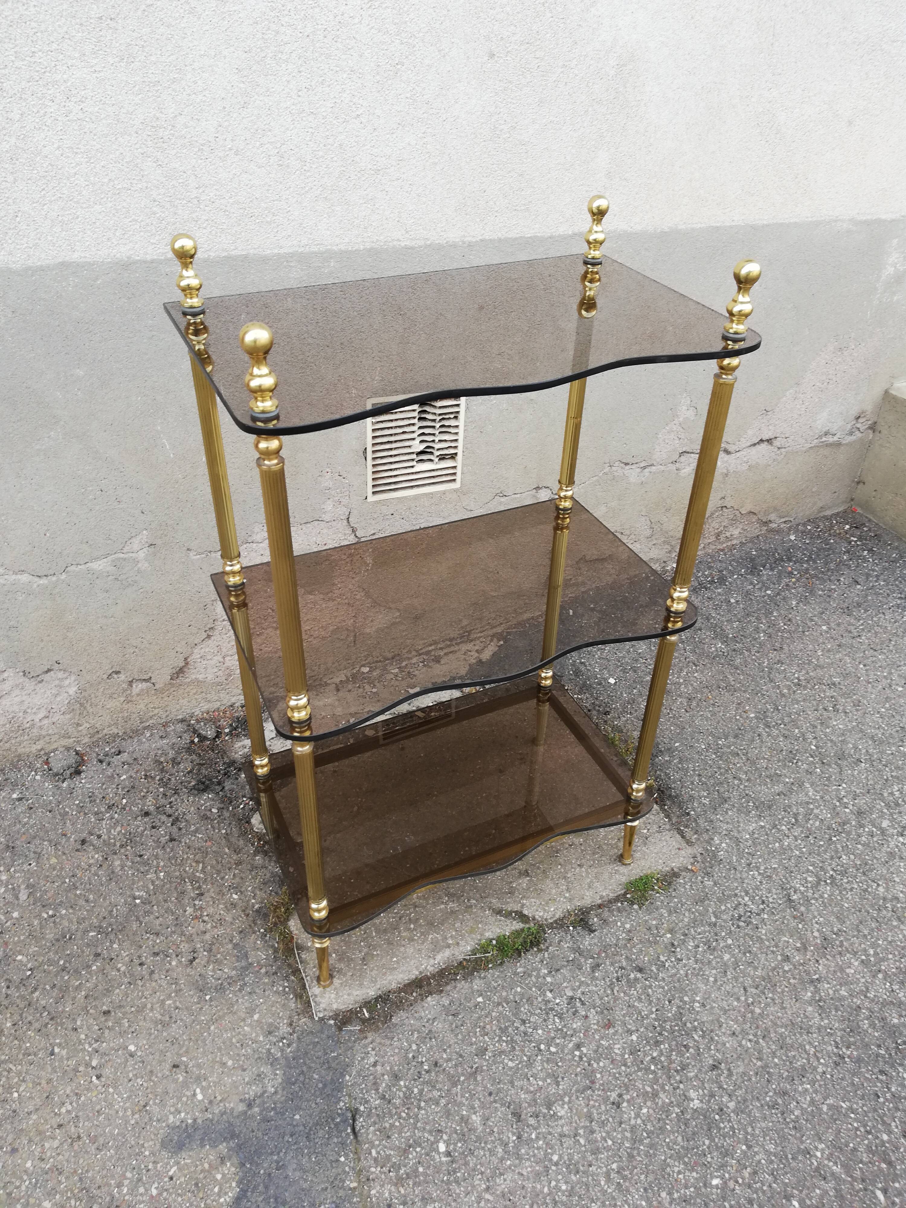 Shelf vintage brass 3 trays smoked glass