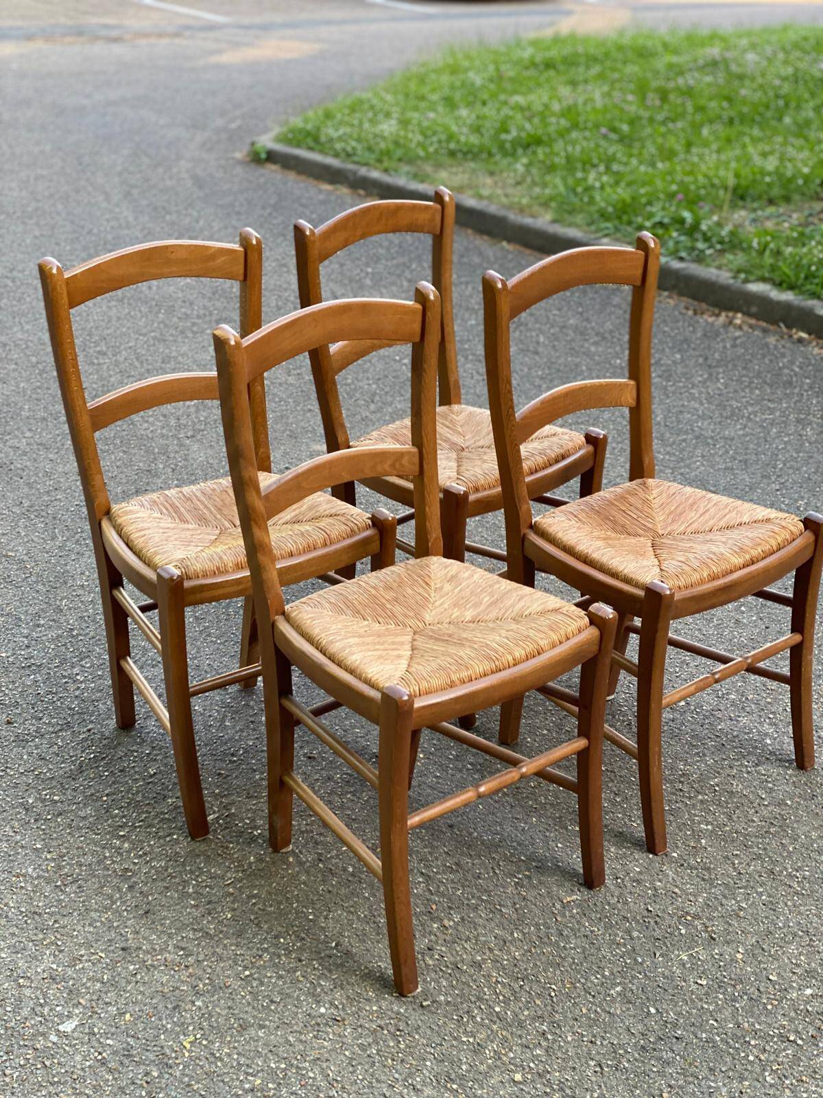 4 chaises bois massif blond chêne moyen satin et paille