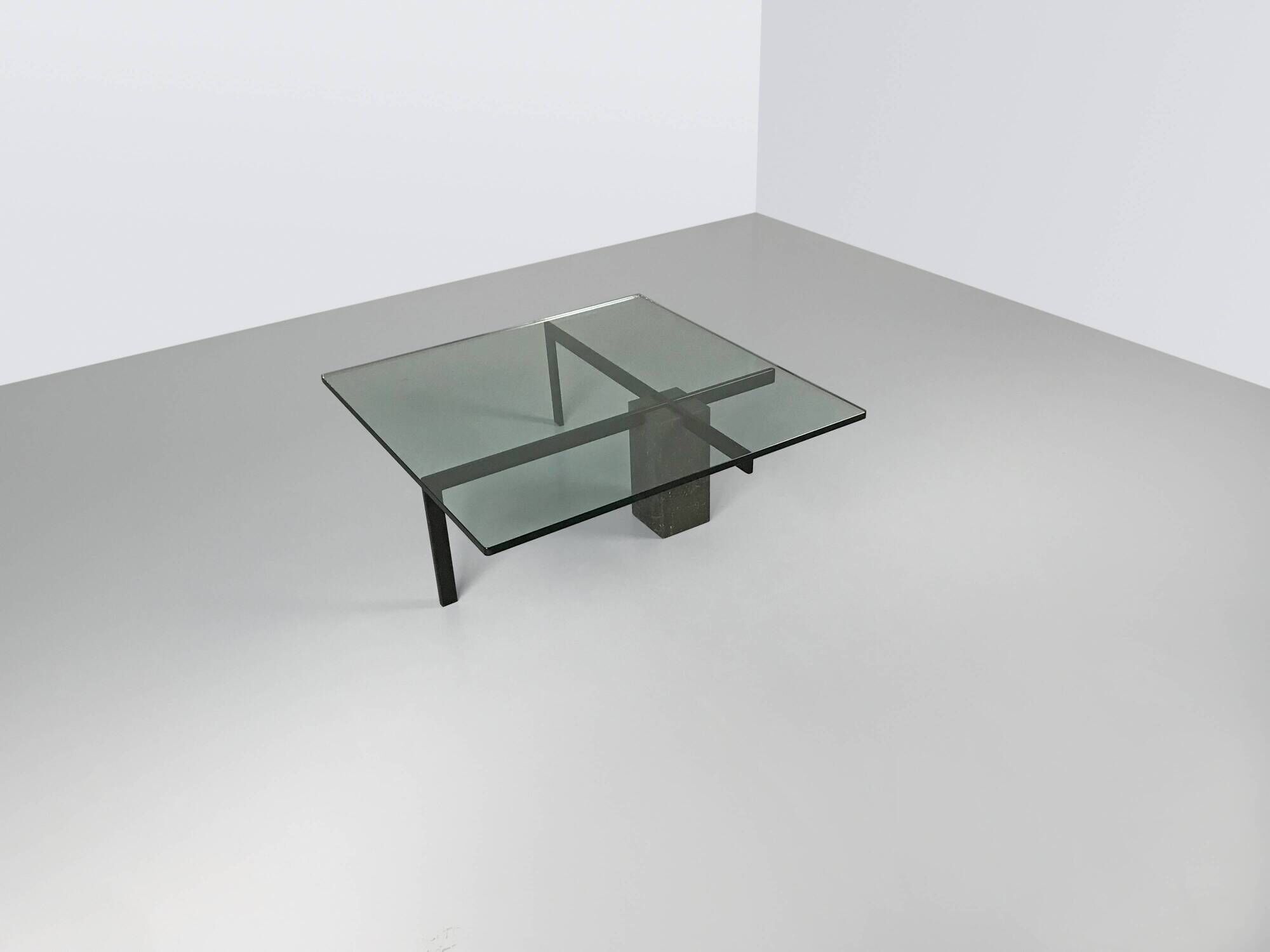 KW-1 glass and travertine coffee table by Hank Kwint for Metaform 1980s
