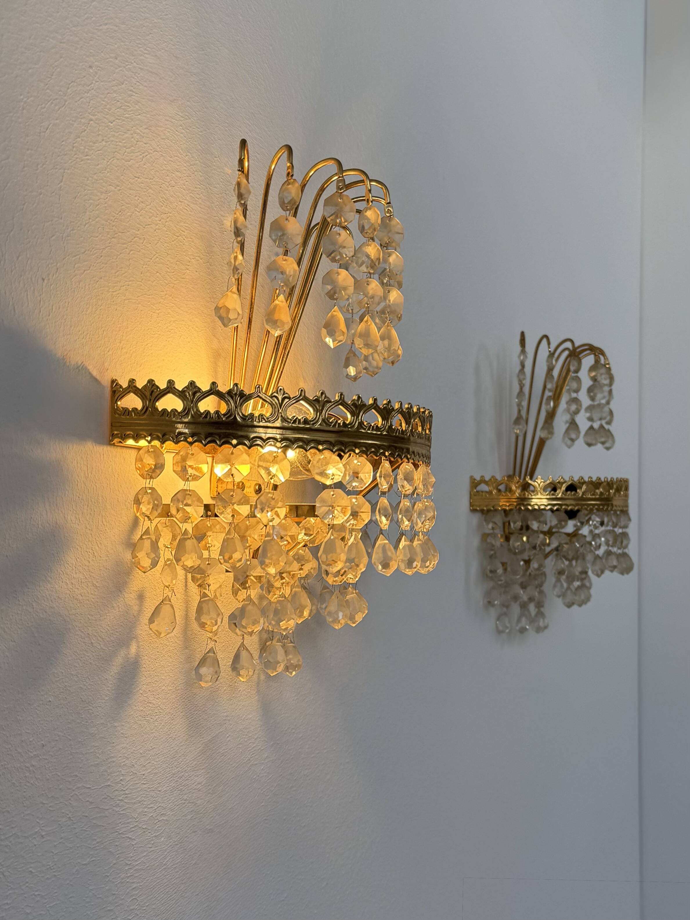 Pair of vintage wall sconces, glass and brass, Sweden, 1970.