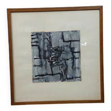 Peinture abstraite rulo 1968 technique mixte cadre papier