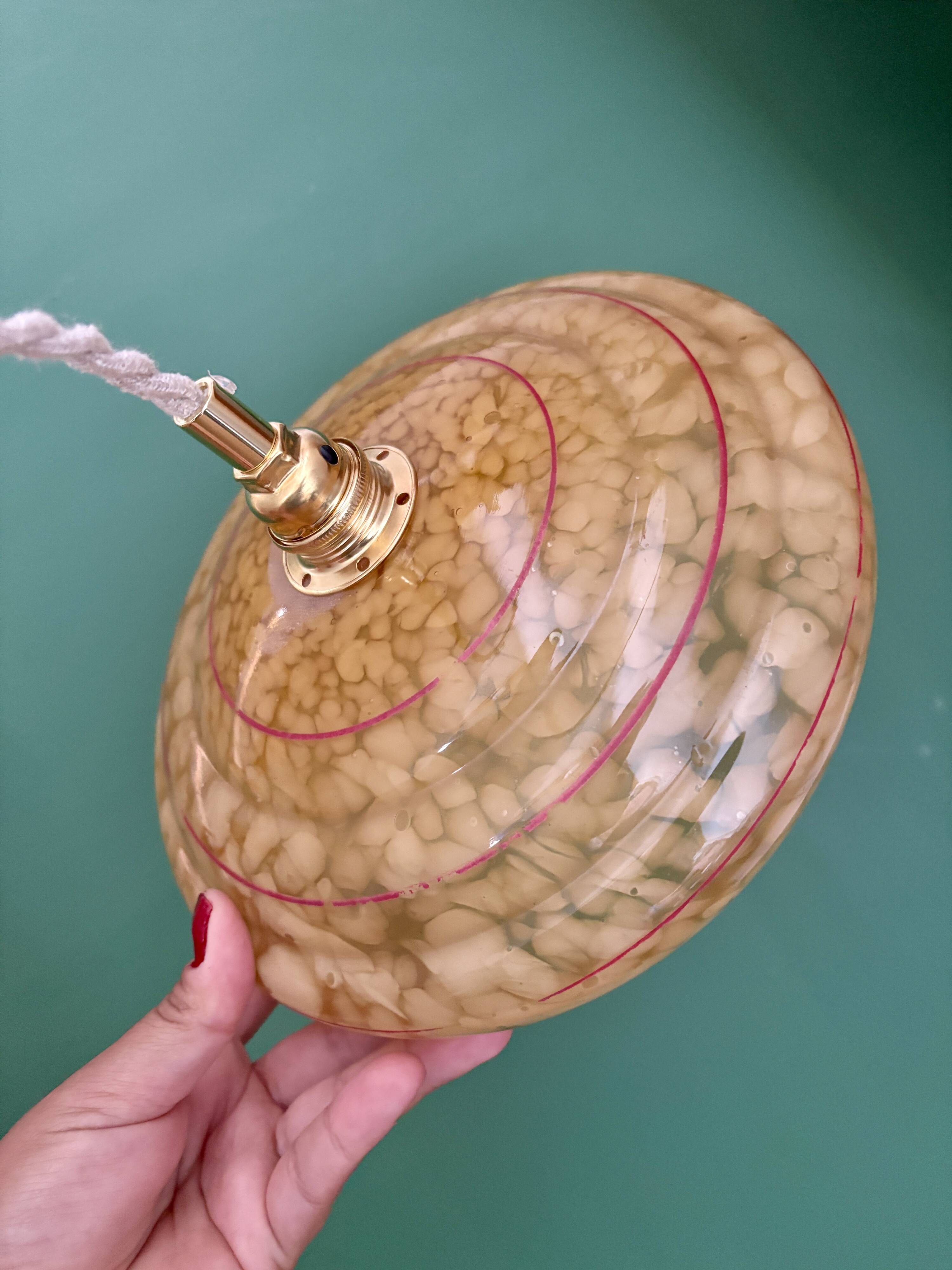 Vintage pendant lamp shade in yellow Clichy glass with red trim