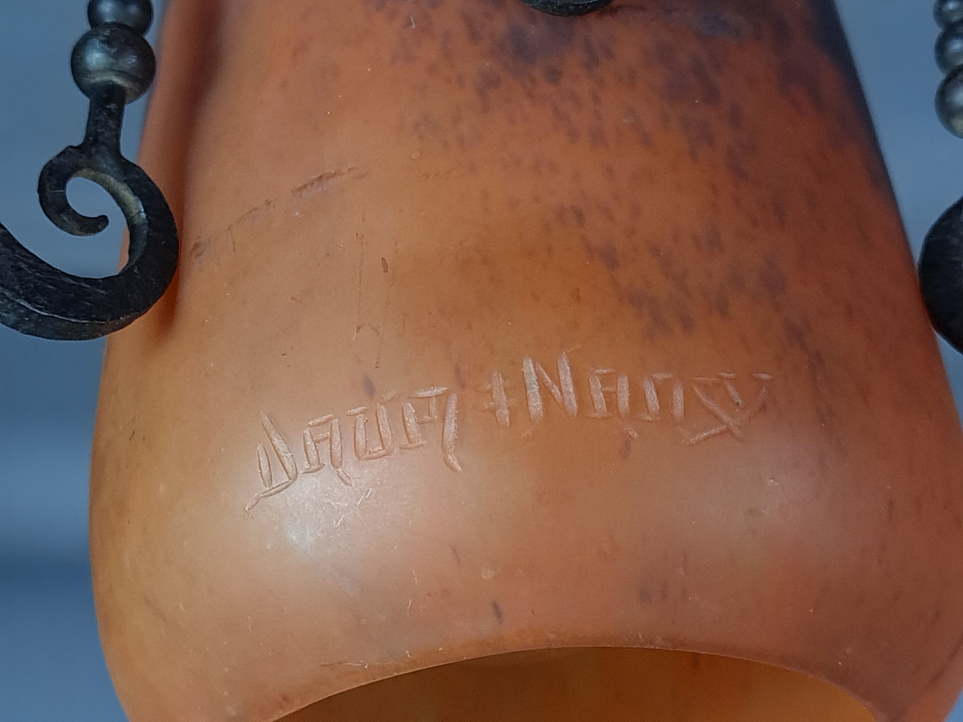 Daum, art-deco table lamp wrought iron tulip glass signed sb