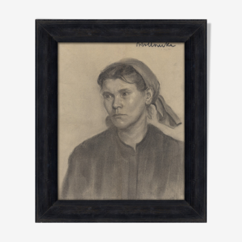 German portrait drawing, 1910, framed, signed