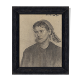 German portrait drawing, 1910, framed, signed