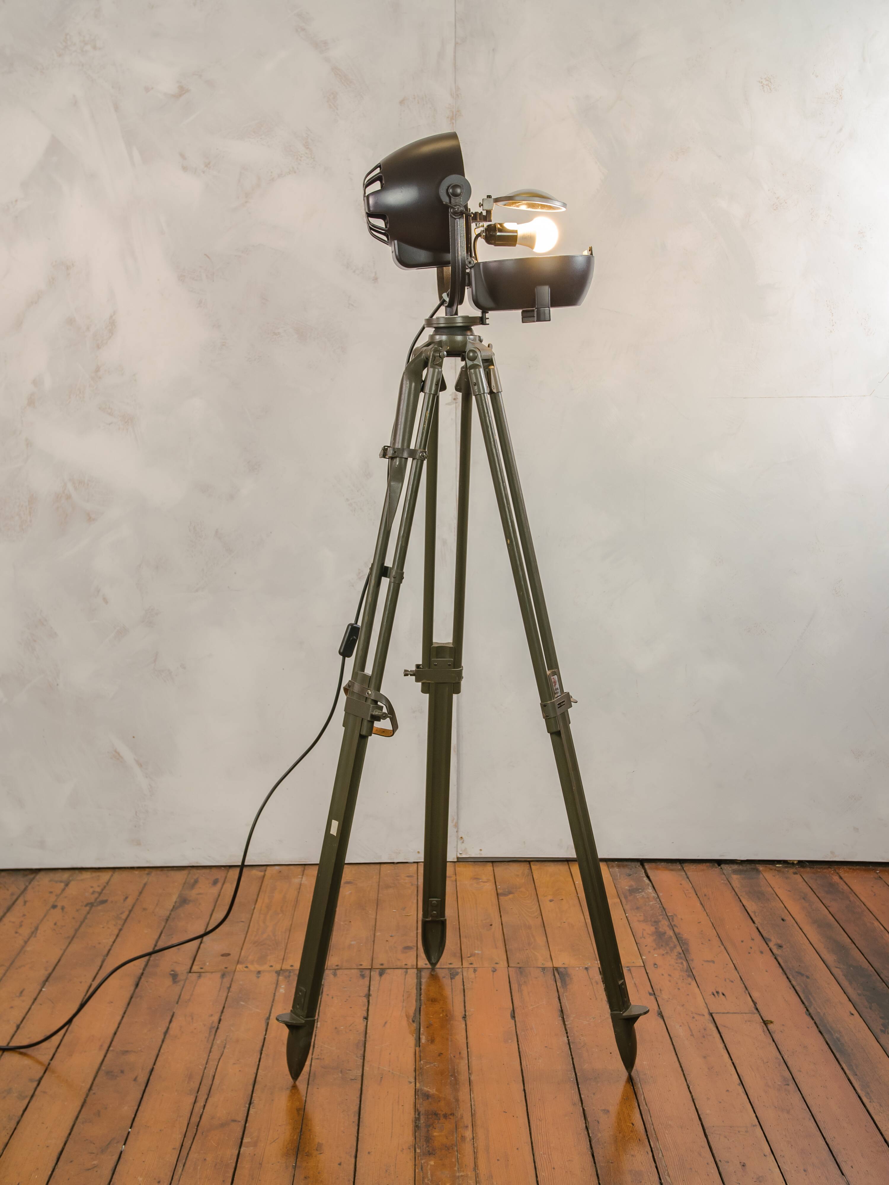 Vintage 1950s Strand Electric Patt 123 Theatre lamp on an old Wooden Army Surveyors Tripod