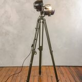 Vintage 1950s Strand Electric Patt 123 Theatre lamp on an old Wooden Army Surveyors Tripod