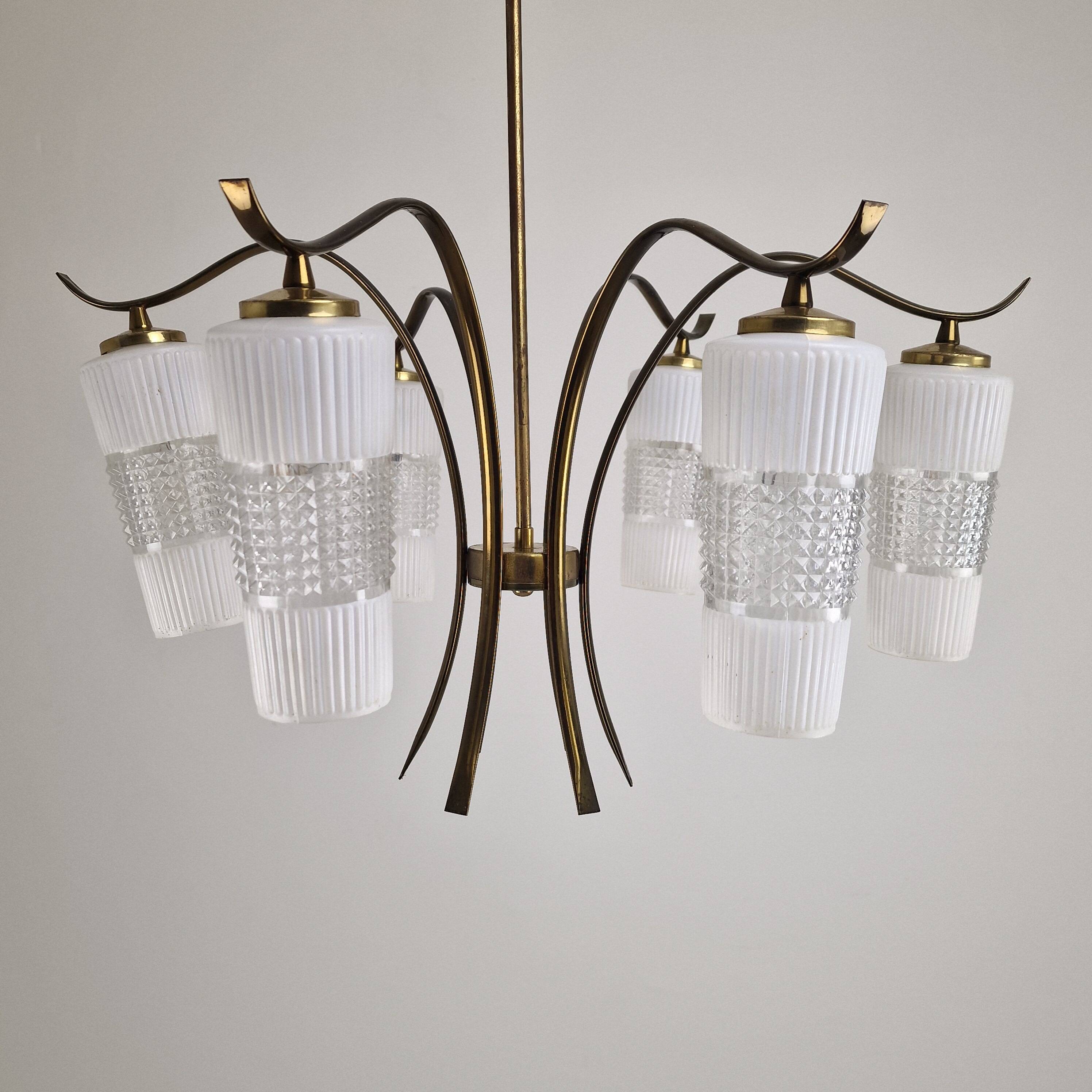 Italian Mid-Century Brass Chandelier with Murano Style Glass Shades, 1960's