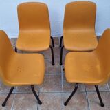 Set of 4 vintage Grosfillex school chairs, 60s-70s, orange plastic and tubular base