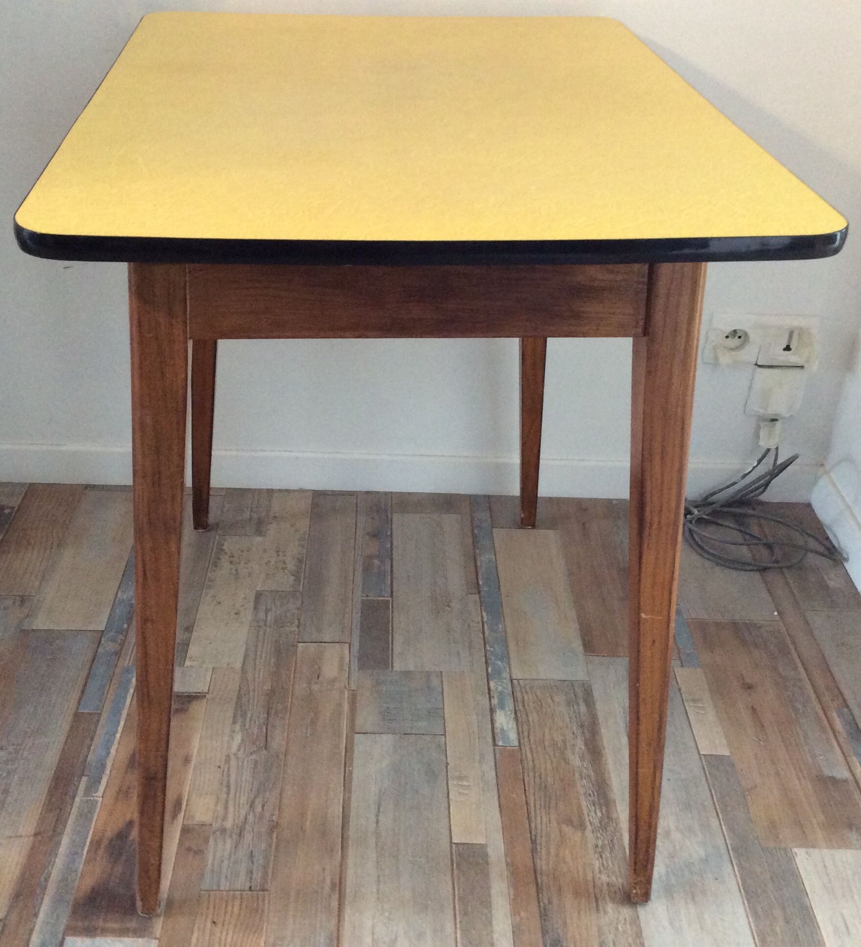 Wooden kitchen table and yellow formica