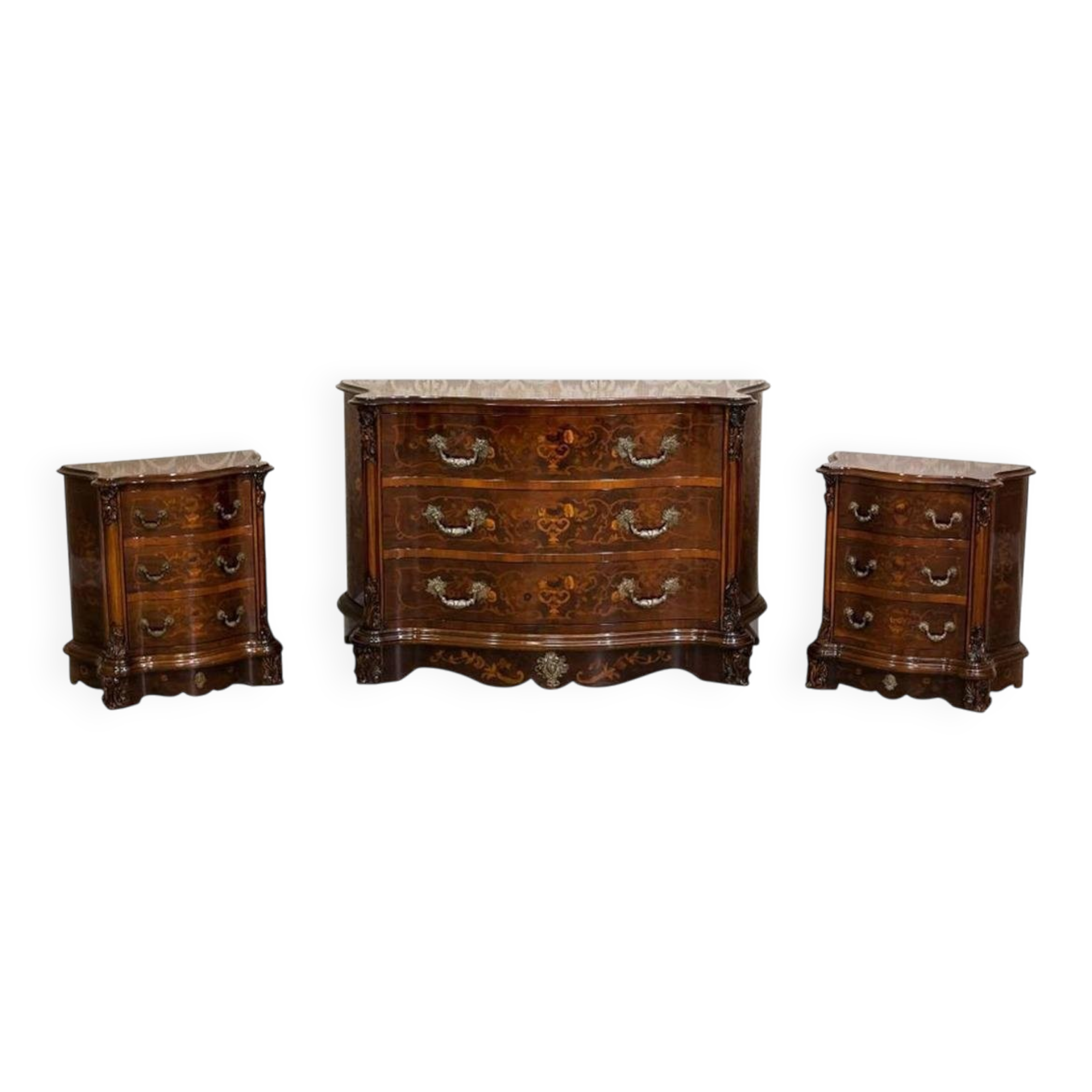 French Louis XV Style Walnut Marquetry Commode, 1950s