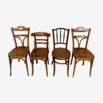 Series of 4 old bistro chairs in curved wood Art Nouveau Fischel Early Twentieth Century