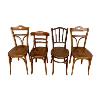 Série de 4 anciennes chaises bistrot en bois courbé Art Nouveau  Fischel Début XXème