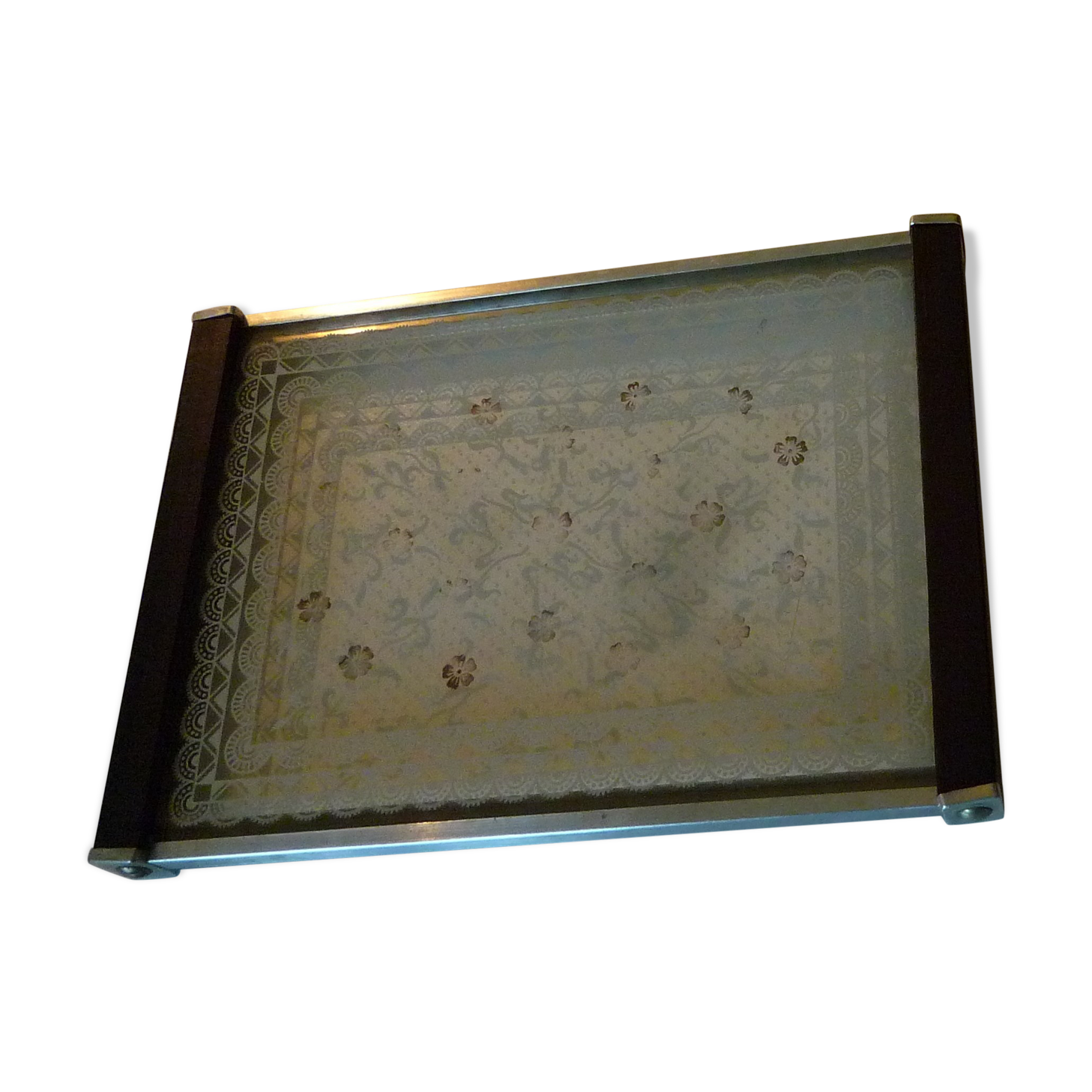 Silkscreened glass and wood tray vintage 50s