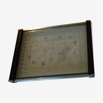 Silkscreened glass and wood tray vintage 50s