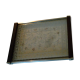 Silkscreened glass and wood tray vintage 50s