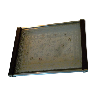 Silkscreened glass and wood tray vintage 50s