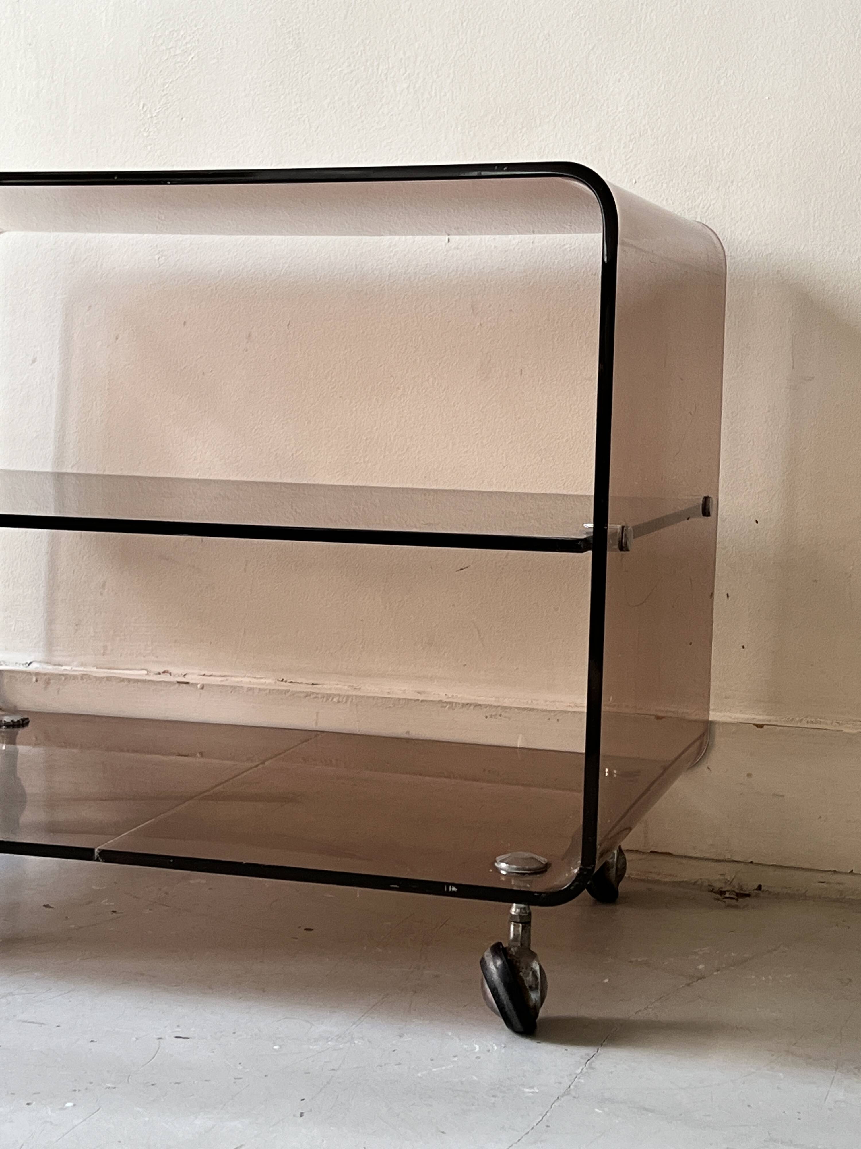 Smoked plexiglass TV/HiFi unit by M. Dumas for Roche Bobois, 1970