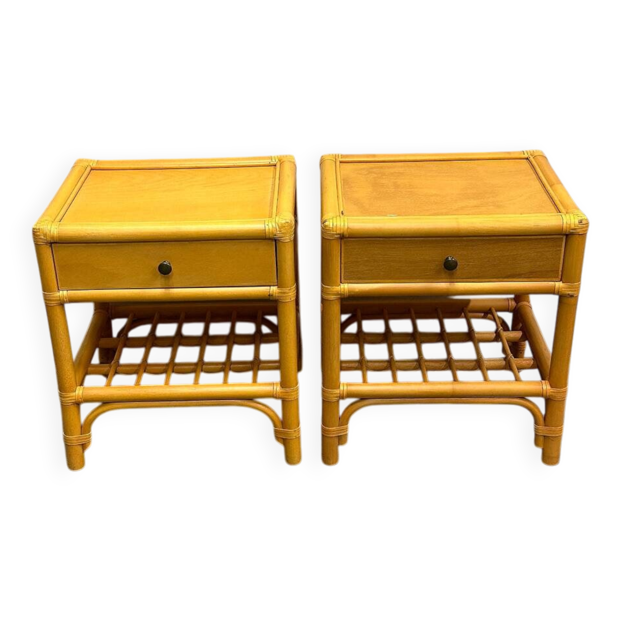 Pair of vintage bamboo & wood nightstands with drawer, 1970s