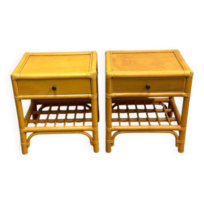 Paire de tables de chevet vintage en bambou et bois avec tiroir, années 1970