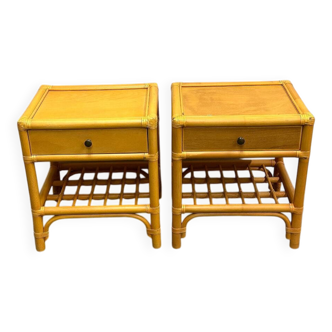Pair of vintage bamboo & wood nightstands with drawer, 1970s