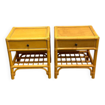 Paire de tables de chevet vintage en bambou et bois avec tiroir, années 1970