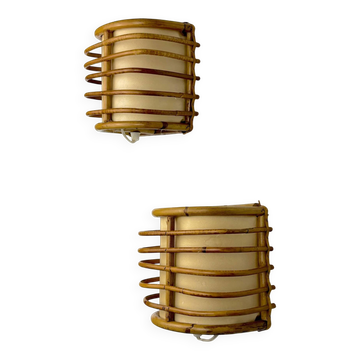 Pair of mid-century rattan wall sconces, circa 1960s, Italy