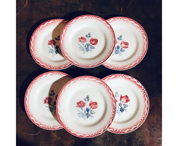 Set de 6 assiettes plates vintage Digoin décor Marjolaine