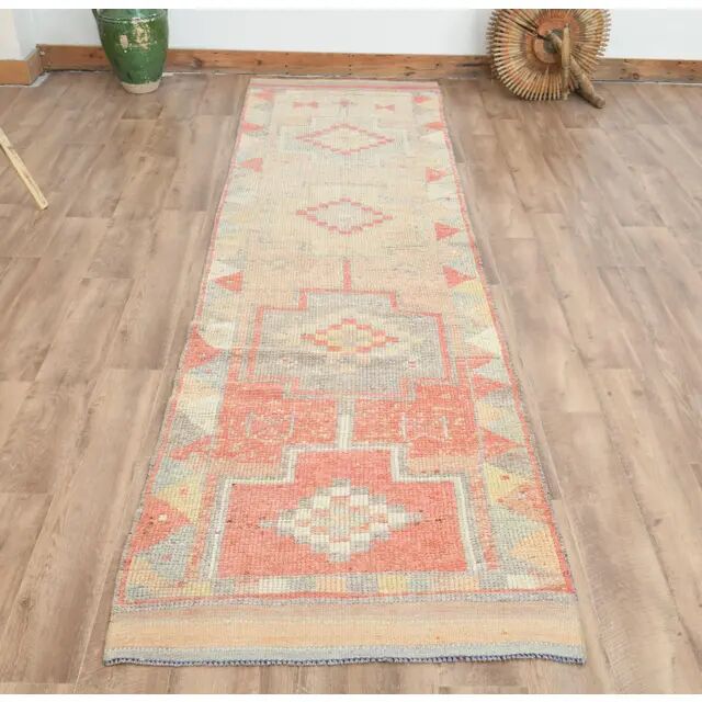1970s Turkish Oushak Handmade Wool Cotton Orange Runner Rug 92x348