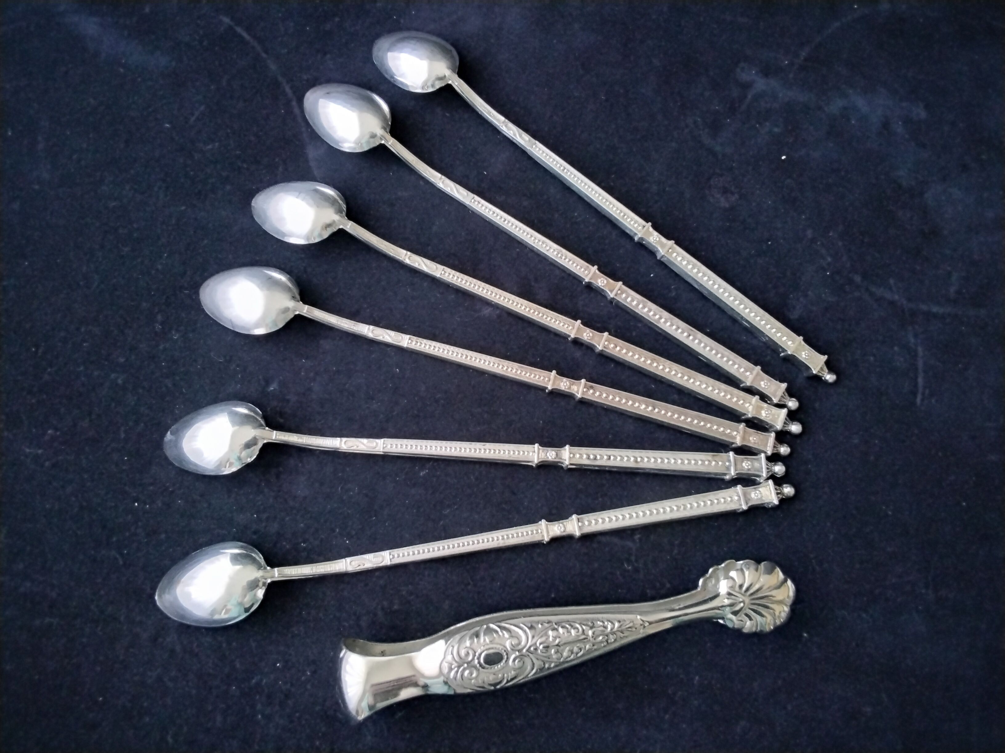 Set of 6 mazagran spoons and stainless steel sugar tongs