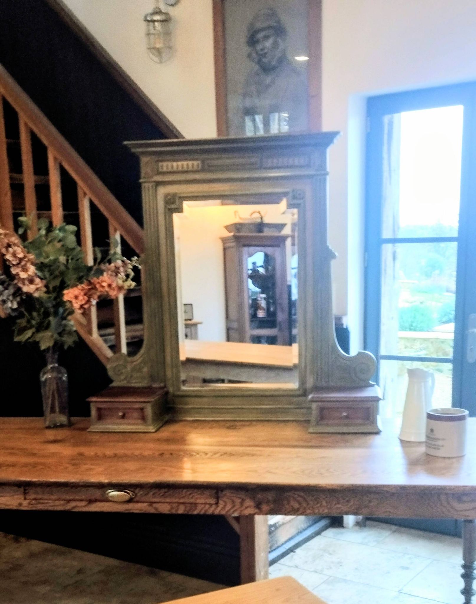 Antique bevelled mirror Farrow and Ball "Green Bancha"