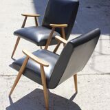 Pair of Scandinavian armchairs in solid beech & skaï, 1950s