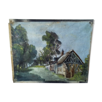 Oil painting on plank Half-timbered House Trees Country tree