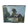 Oil painting on plank Half-timbered House Trees Country tree