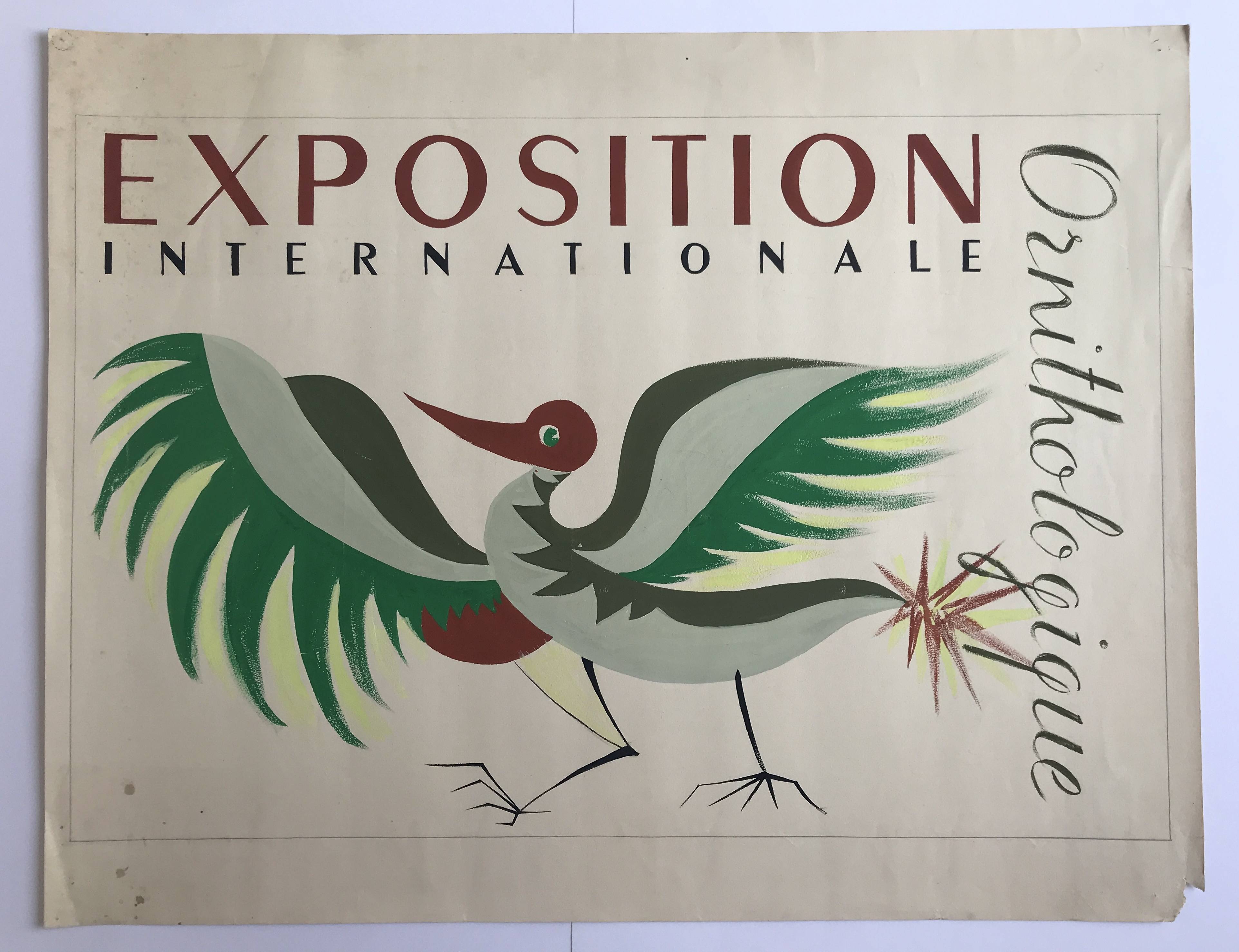 International art deco ornithological exhibition. Original poster painted in gouache.