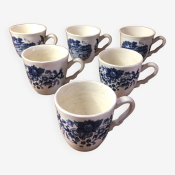 Série de 6 tasses sarreguemines céramique blanc décor bleu france vintage #a385