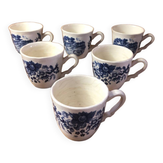 Series of 6 sarreguemines cups white ceramic blue decor france vintage #a385