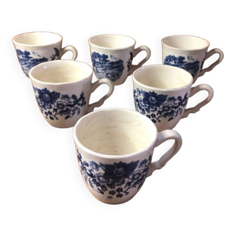 Série de 6 tasses sarreguemines céramique blanc décor bleu france vintage #a385