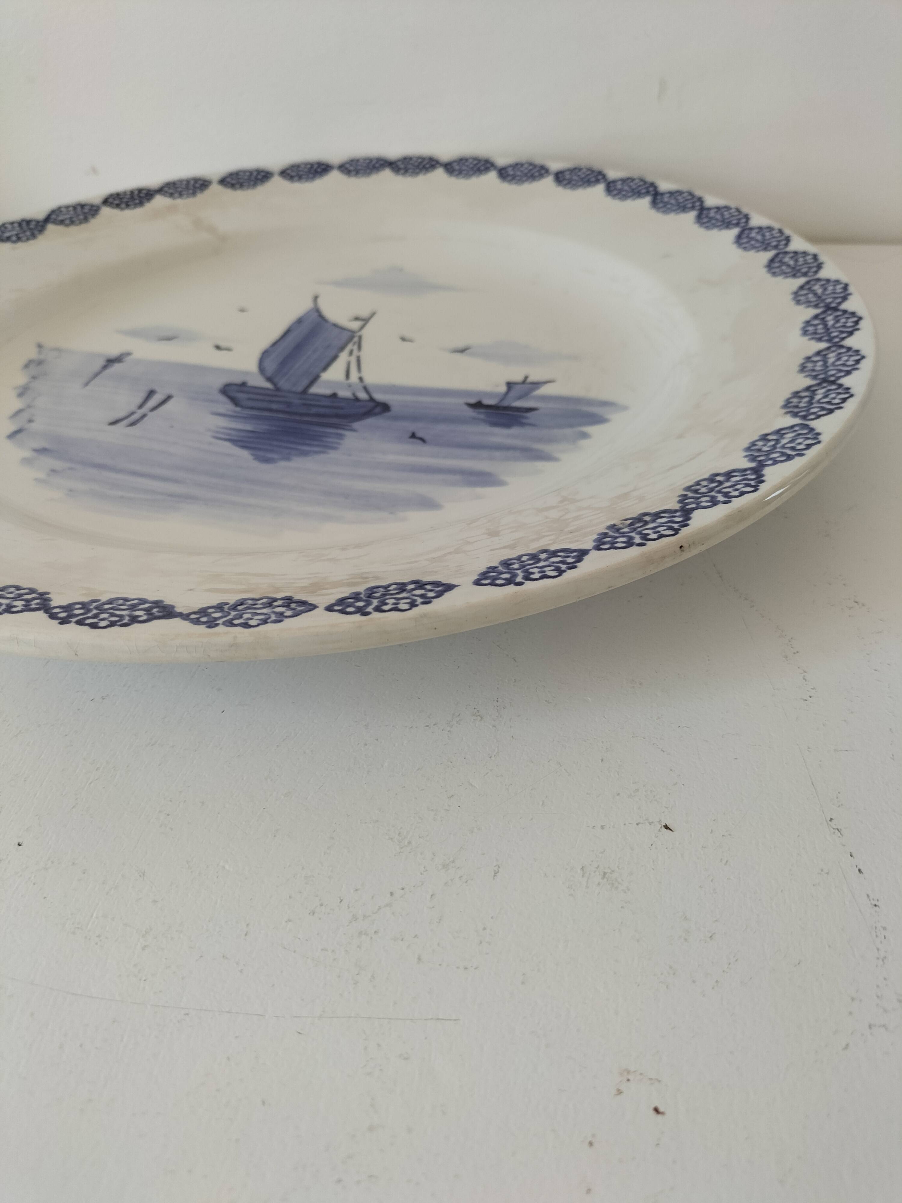 Large antique dish with a sailing boat design – signed A. Lebacqz & M. Bouchart