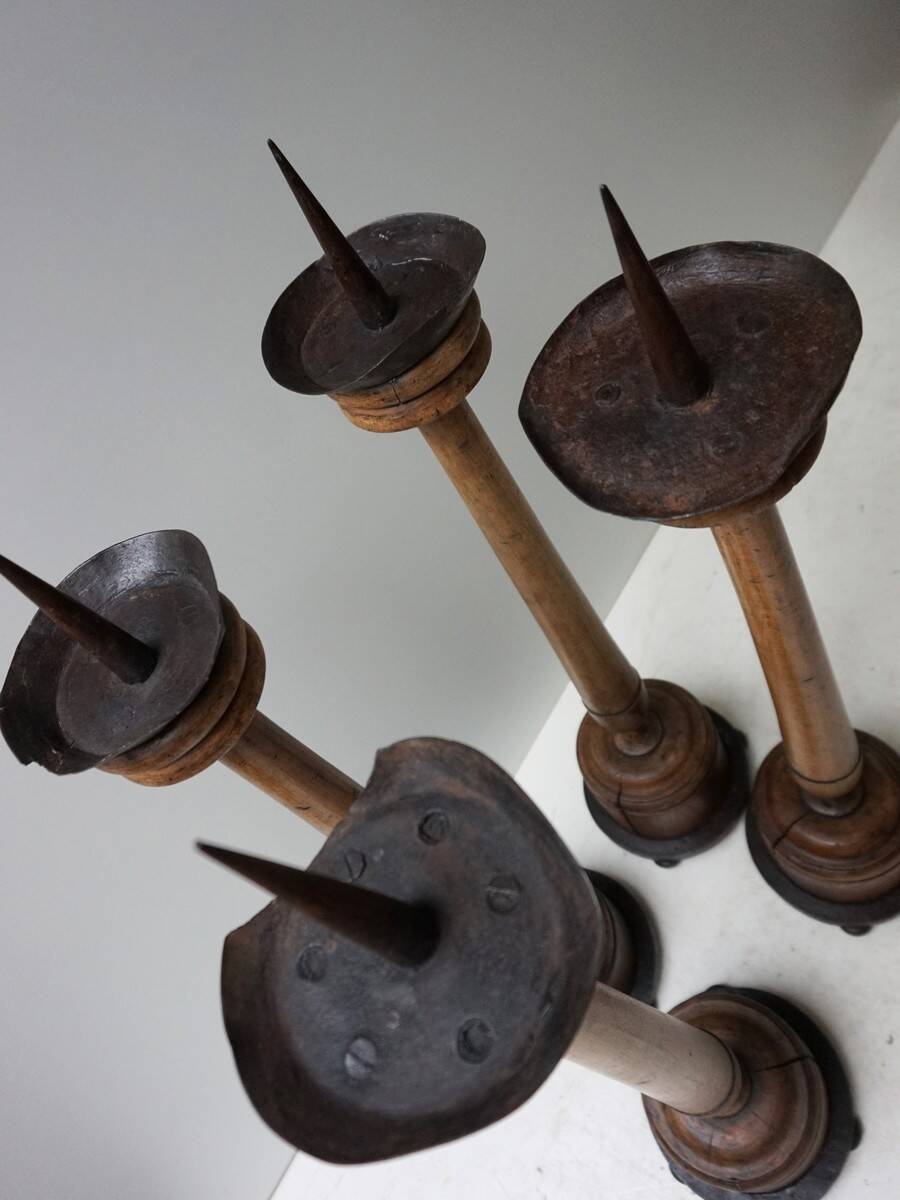 Large Antique French Wooden Candlesticks, 19th Century, Set of 4