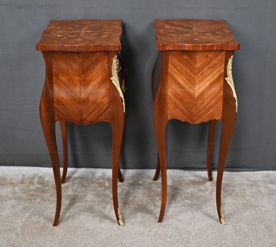 Pair of bedside tables in marquetry, Louis XV style – Mid 20th century