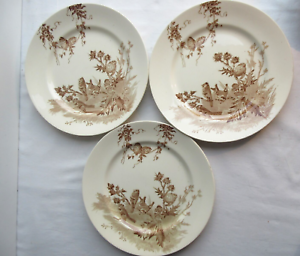 Set of 6 flat plates, Terre de Fer de Creil Montereau: Goldfinches