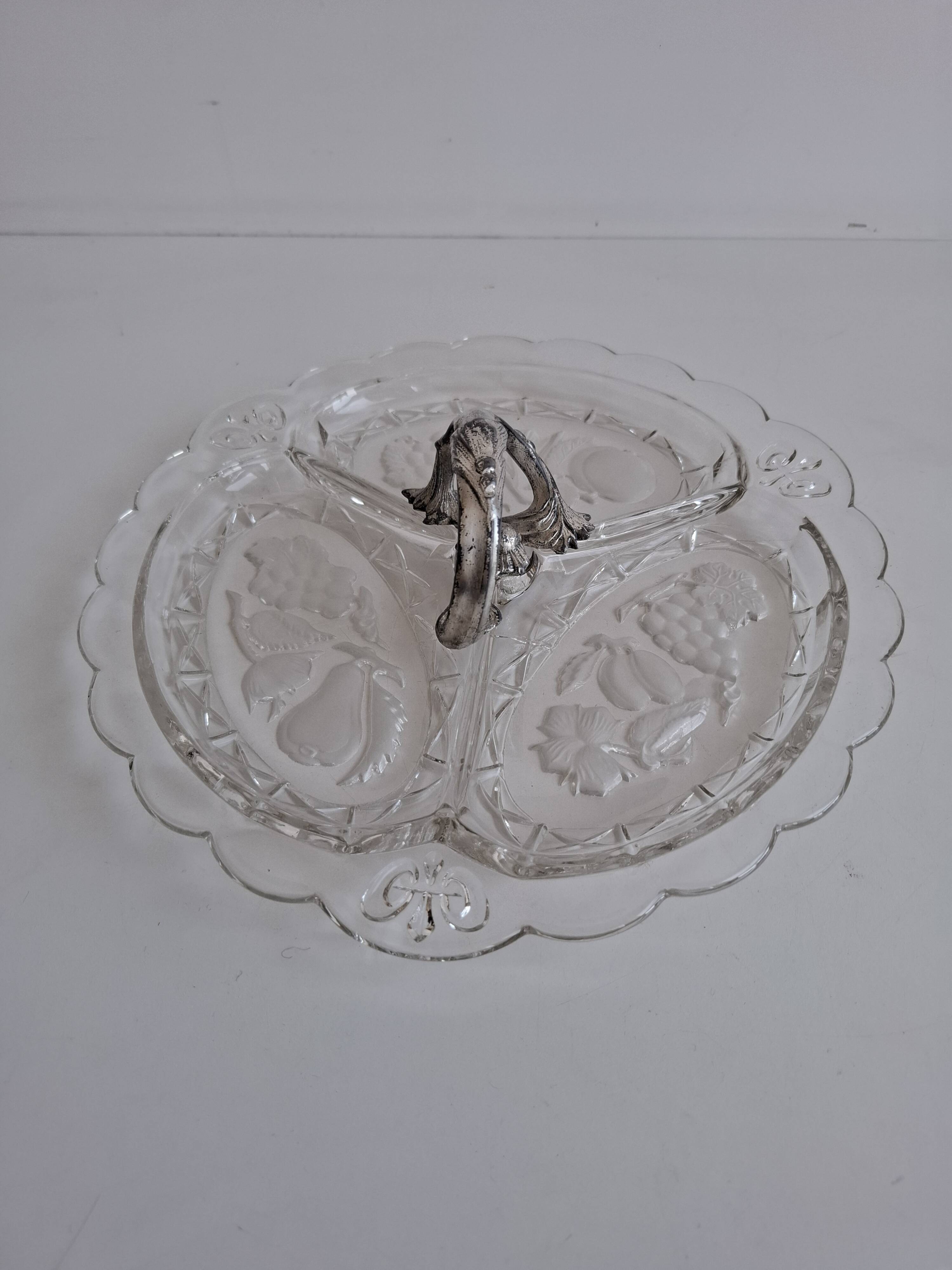 Art Deco Pressed Glass Divided Serving Dish with Alpaca Handle, 1930
