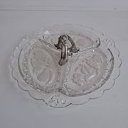 Art Deco Pressed Glass Divided Serving Dish with Alpaca Handle, 1930