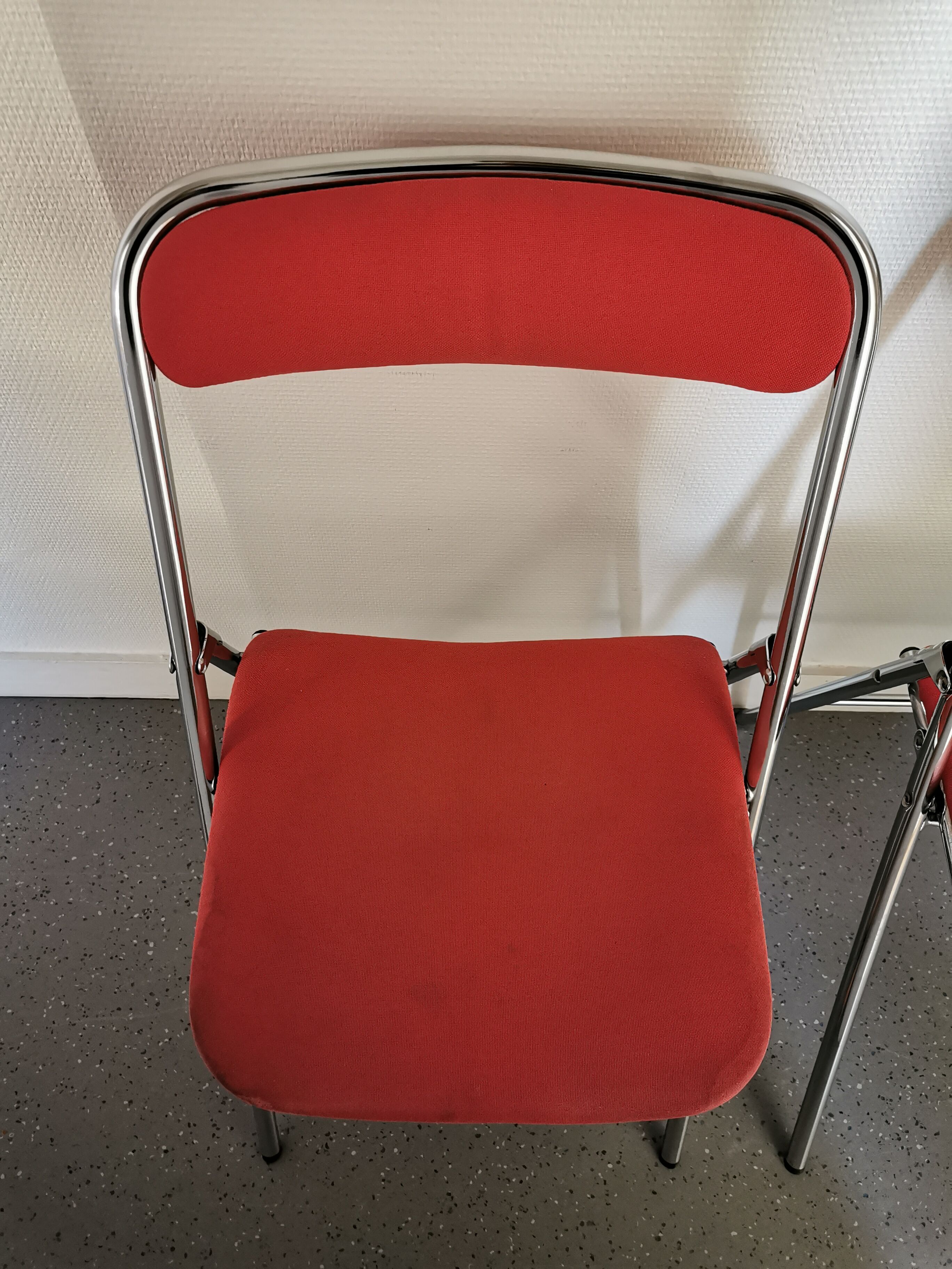 4 red and chrome folding chairs, Plichaise by Souvignet, France, 1970