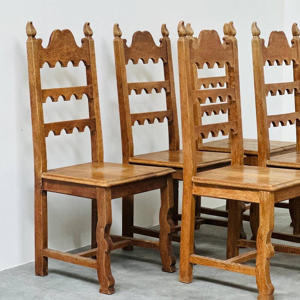Set of 6 vintage solid oak high-back dining chairs – rustic European / Spanish revival